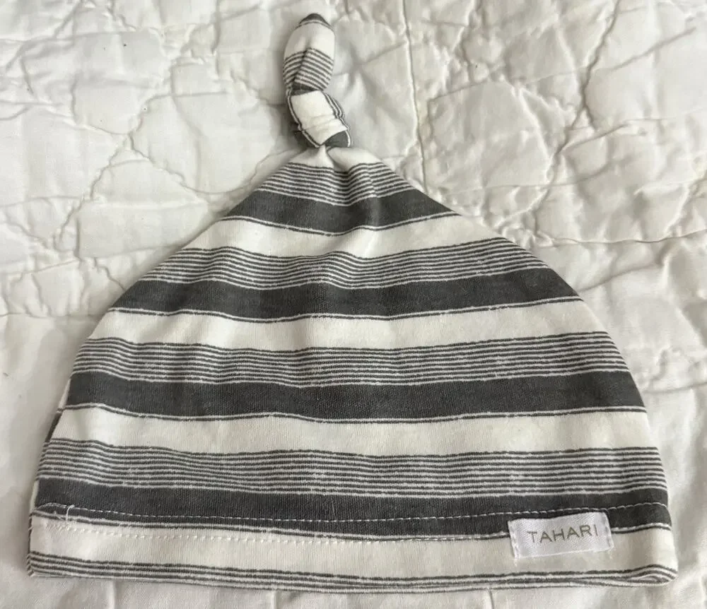 Tahari Baby Beanie, Off-White and Gray Stripes, One Size - Gender Neutral Unisex